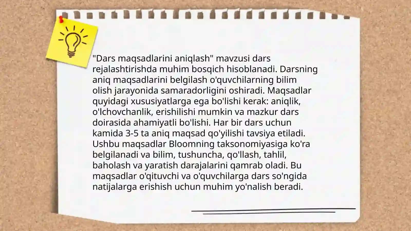 Dars rejasi, uning asosini tashkil etuvchilari va dars tahlili 4