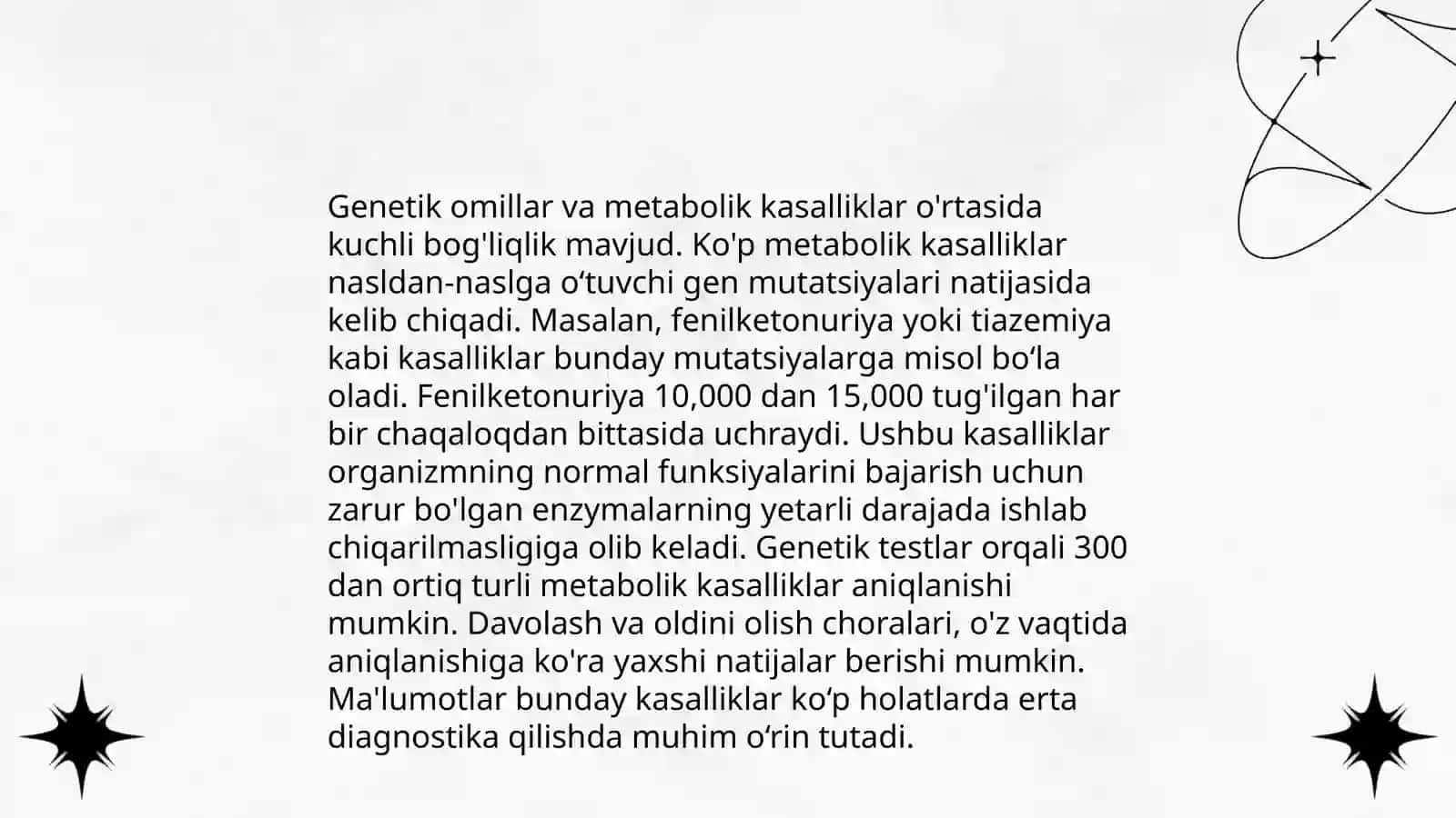 Irsiy kasalliklari mavjud bemorlarda modda almashinuvi xususiyatlari irsiy kasalliklari mavjud boʻlgan bemorlarda asab tizimining xususiyatlari 4