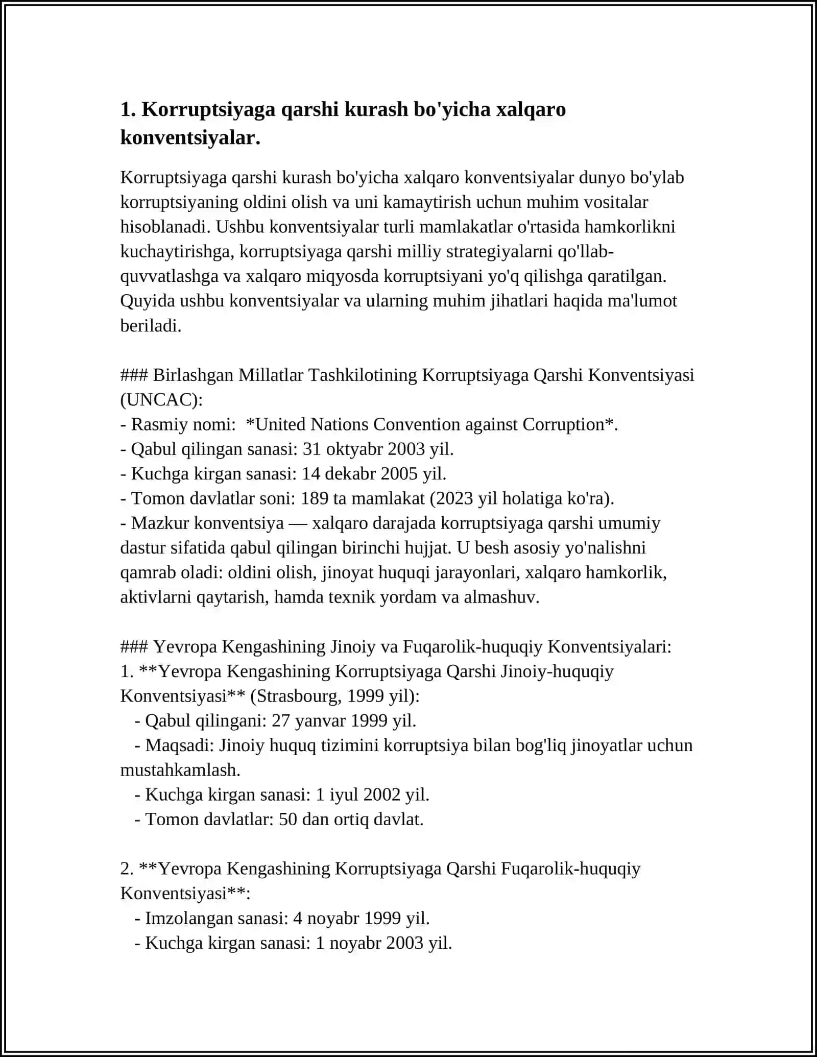 KORRUPSIYAGA QARSHI KURASH BO'YICHA XALQARO QUNUNLAR VA QARORLARNING O'ZBEKISTONDA RATIFIKATSIYA QILISHNING AHAMIYATI 4