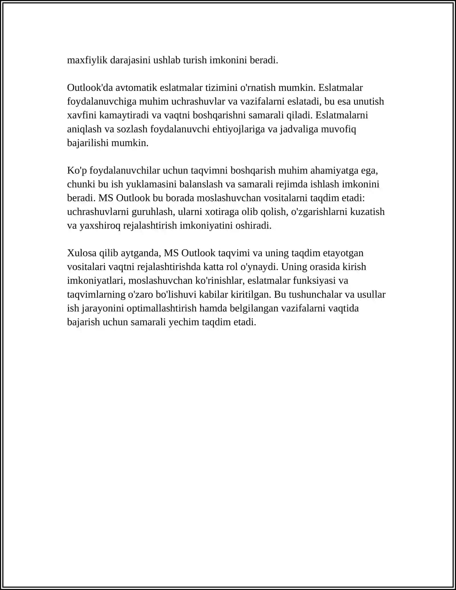 MS OUTLOOK’DA MOSLASHUVCHAN VA QATTIQ VAQTNI REJALASHTIRISH 4