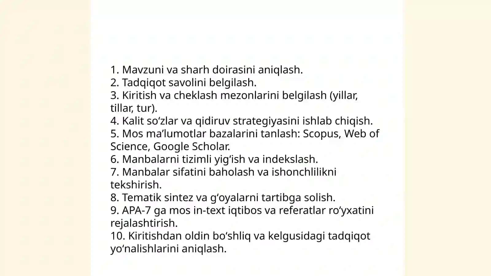 Ilmiy maqolaning "adabiyotlar sharhi" qismini shakllantirishda apa-7 uslubini qoʻllagan holda iqtibos berish koʻnikmasi 4