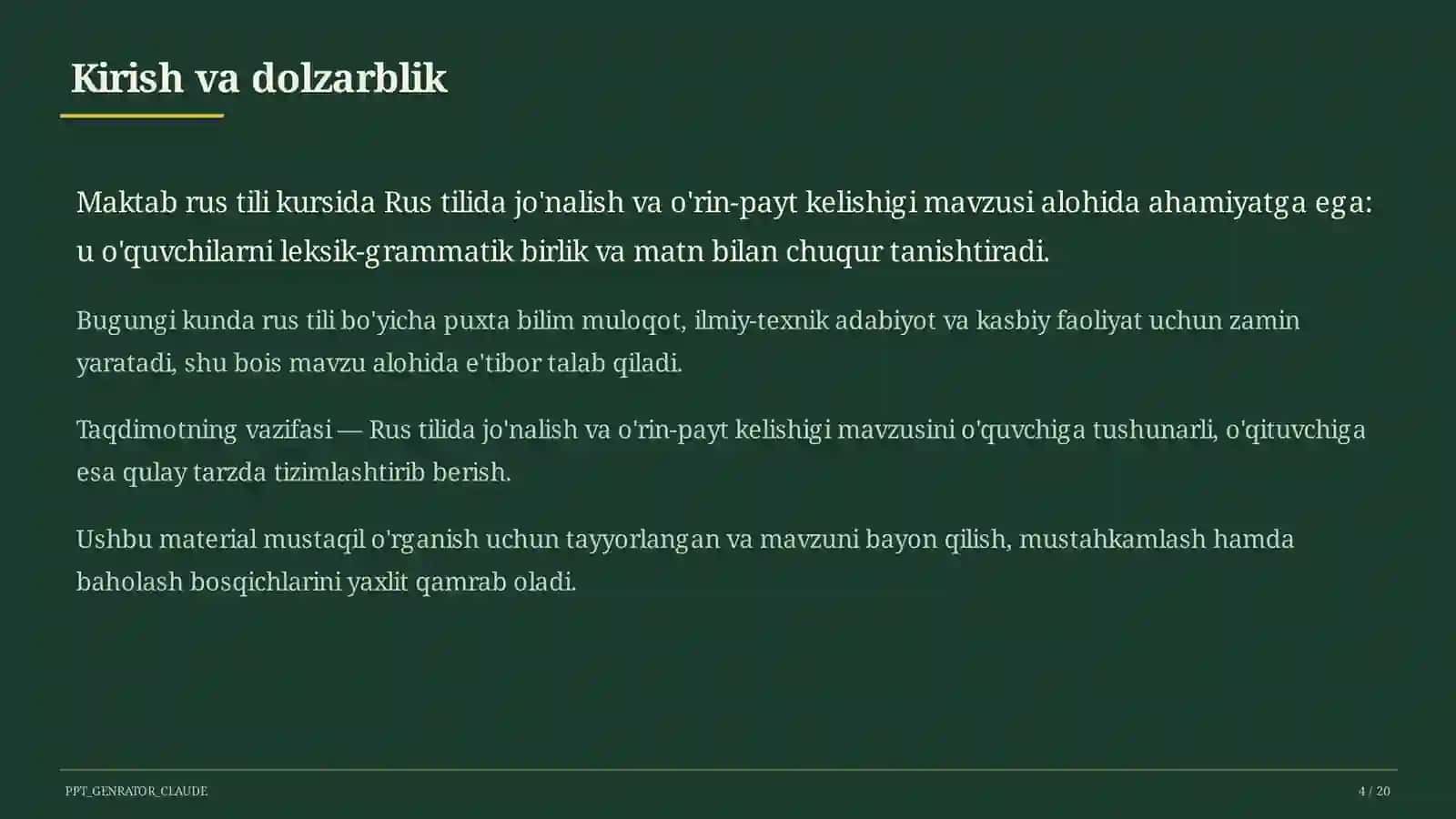 Rus tilida jo'nalish va o'rin-payt kelishigi (5-sinf) 4