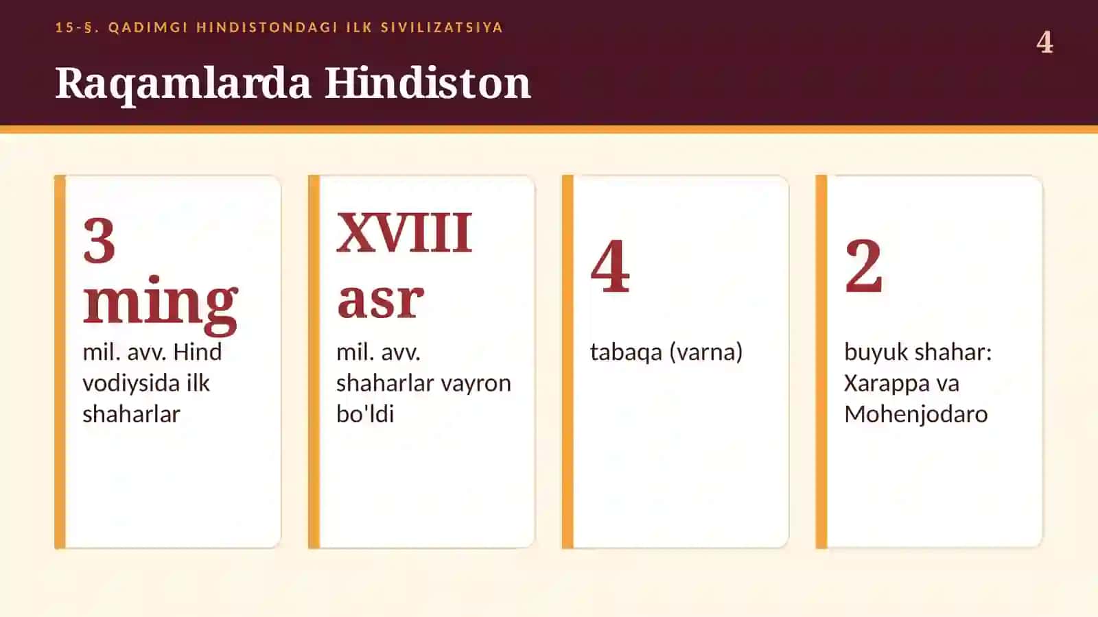 Qadimgi Hindiston: Xarappa, Mohenjodaro, kastalar va e'tiqodlar (15-§, 6-sinf, 15 slayd) 4