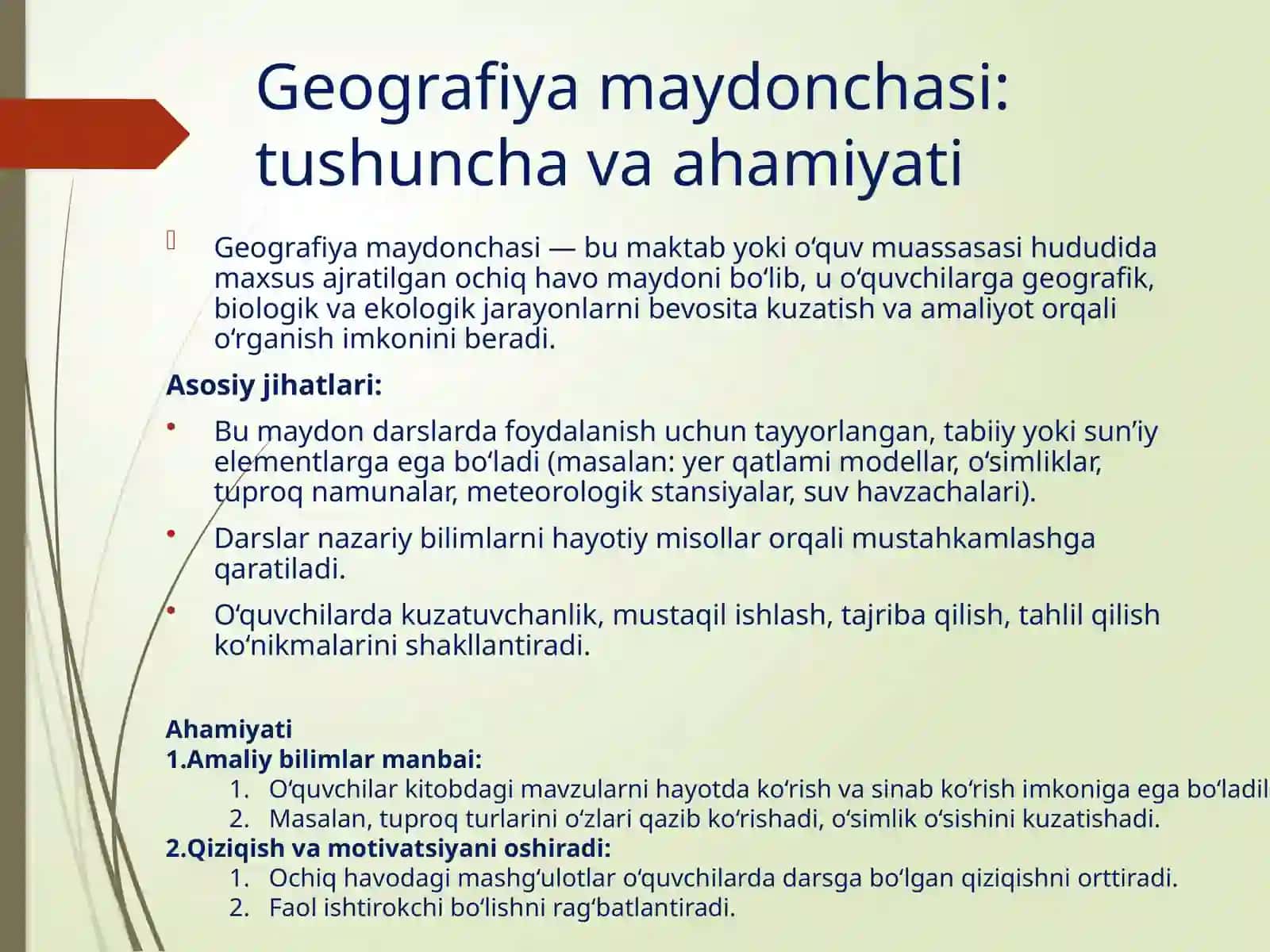 Geografiya maydonchasi, tirik tabiat burchagi, o‘quv tajriba uchastkasida darslarni o‘tkazish metodikasi. Kuzatish va tajribalarni tashkil etish usullarini o‘rganish 4