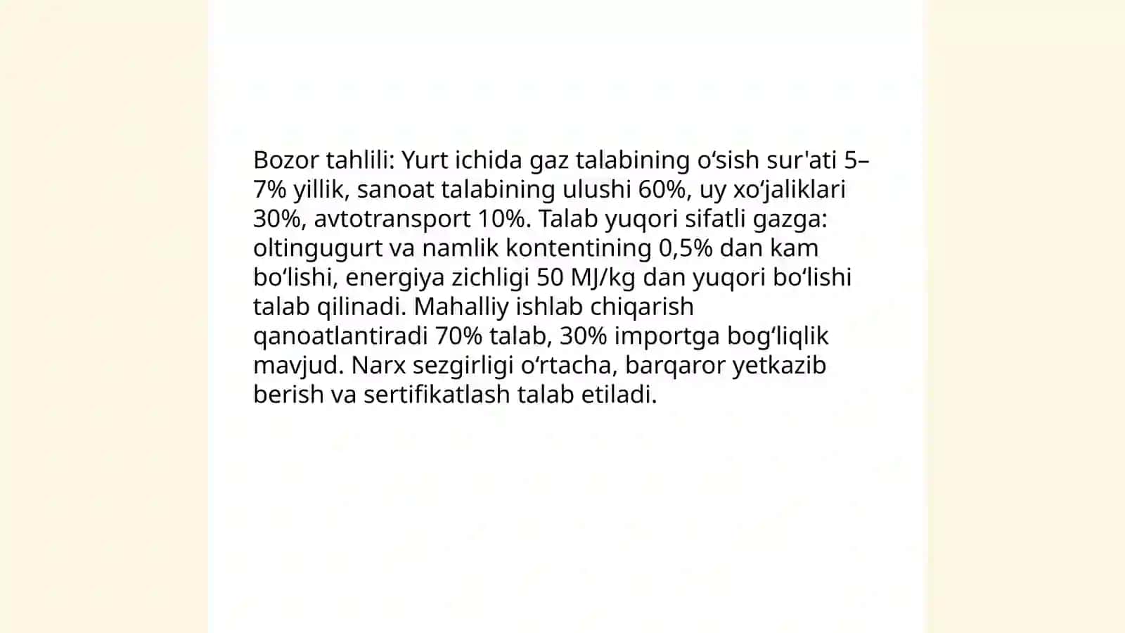 Biznes reja yaratish: Eng sifatli gaz moddasini aniqlash 4