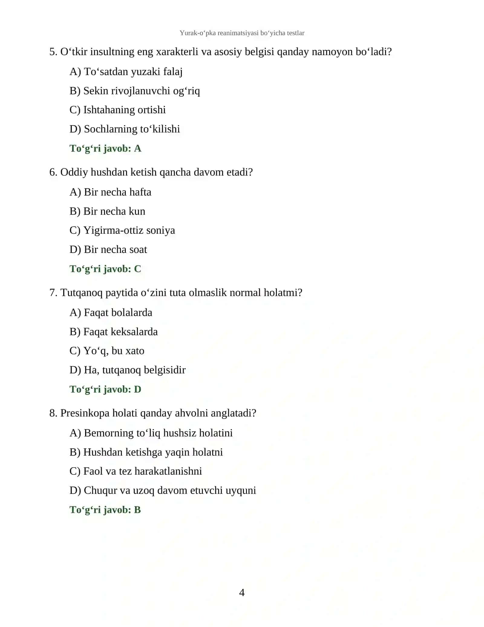Yurak-o‘pka reanimatsiyasi bo‘yicha testlar 4