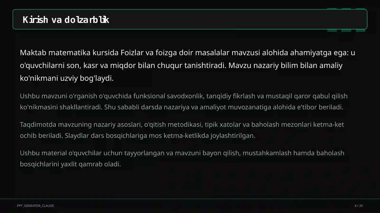 Foizlar va foizga doir masalalar (5-sinf) 4