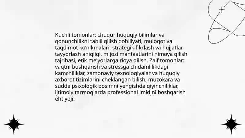 Shaxsiy rivojlanish rejasini tuzish huquqshunosning harakatlar taktikasi va strategiyasi 4