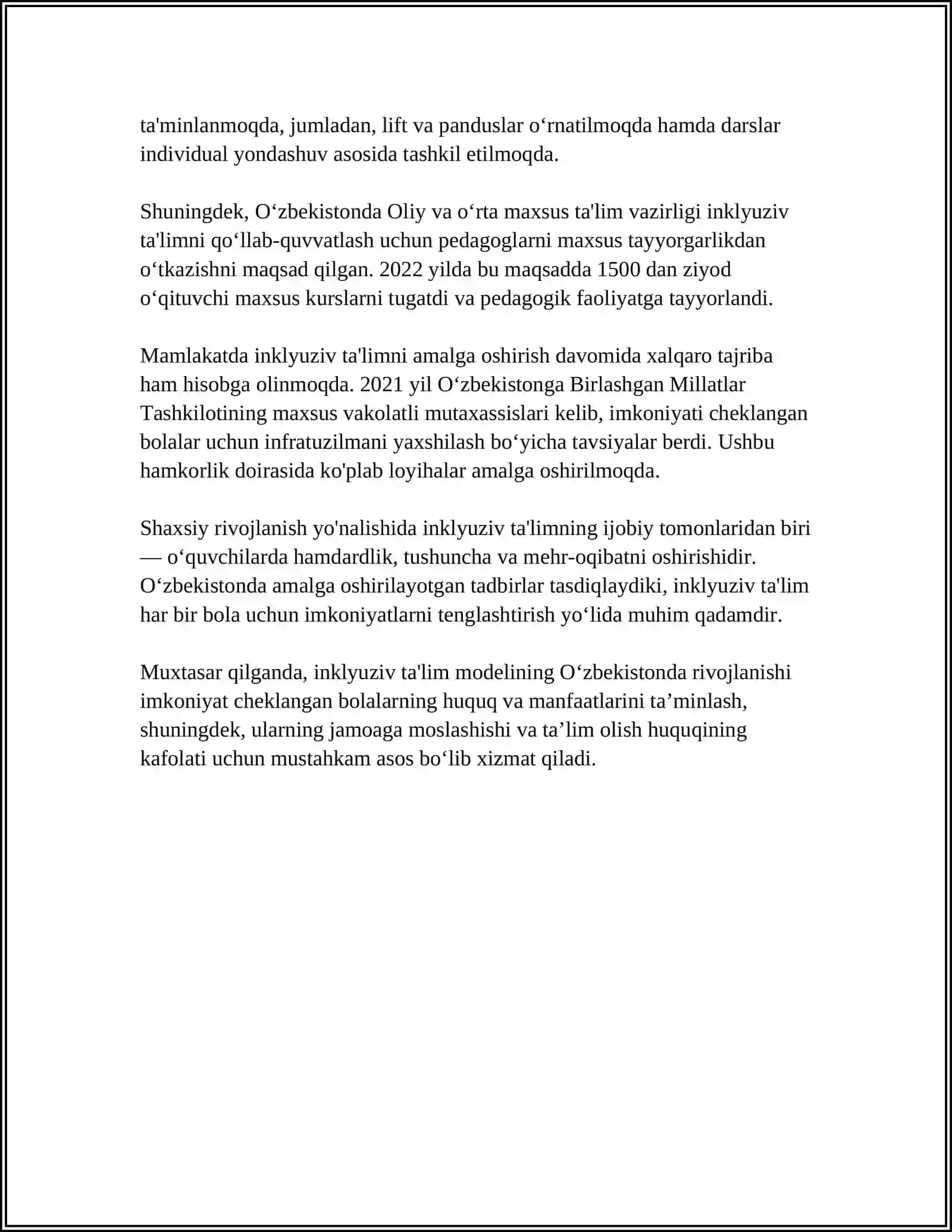 ALOHIDA YORDAMGA MUHTOJ BOLALARDA RIVOJLANISHDAGI NUQSONINING CHUQURLIGI VA TUZILISHIGA QARAB INKLYUZA MODELINI TANLASH 4