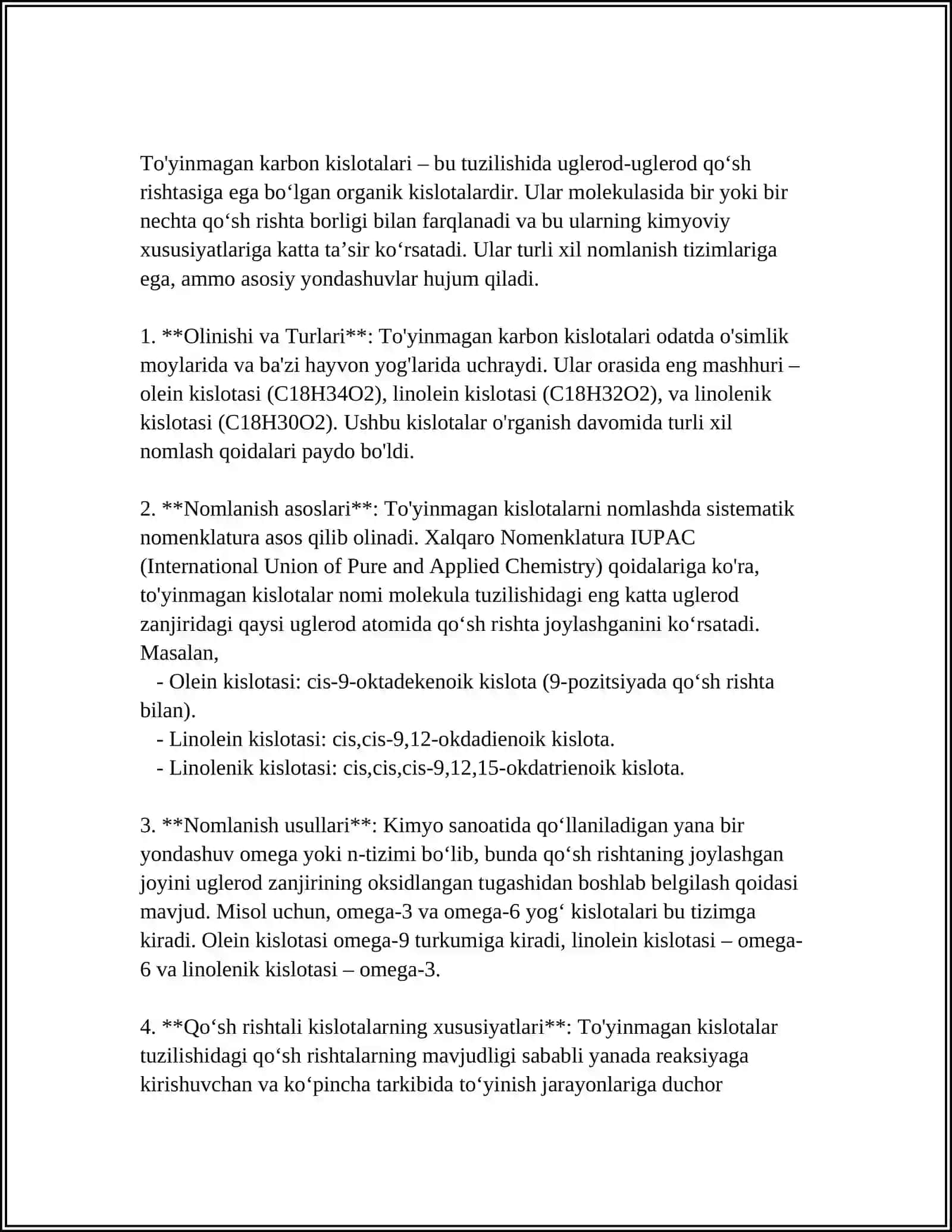 TO'YINGAN VA TO'YINMAGAN KARBON KISLOTALARI, NOMLANISHI, TUZILISHI, KIMYOVIY VA BIOLOGIK XOSSALARI, QO'LLANILISHI 4