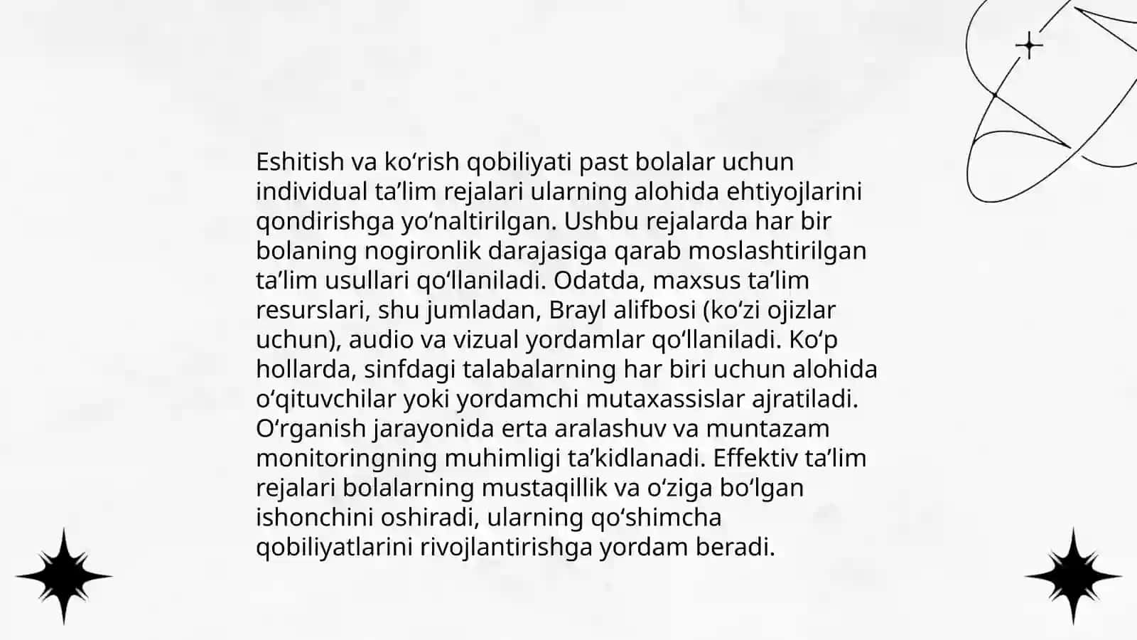Sensor (eshitishida yoki koʻrinishida) koʻrinishida kamchiligi boʻlgan bolalar uchun inklyuziv ta’lim strategiyalari va ularni amalga oshirish shart sharoitlari 4