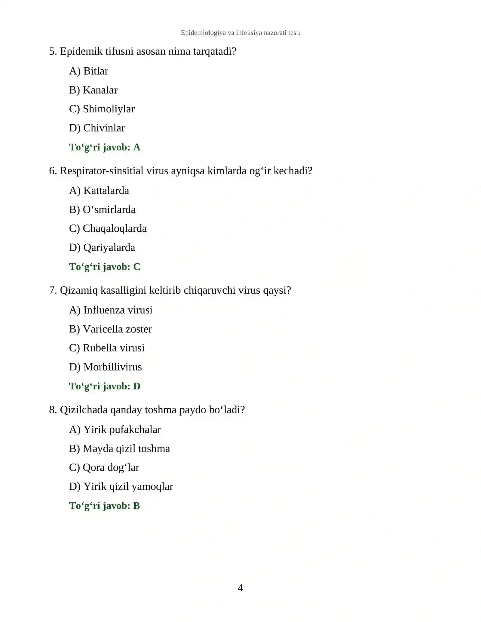 Epidemiologiya va infeksiya nazorati testi 4