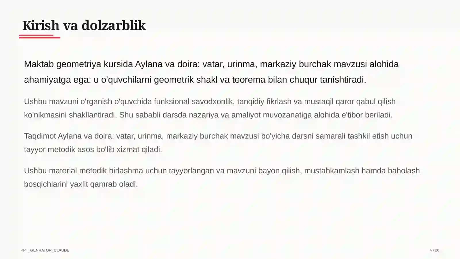 Aylana va doira: vatar, urinma, markaziy burchak (8-sinf) 4