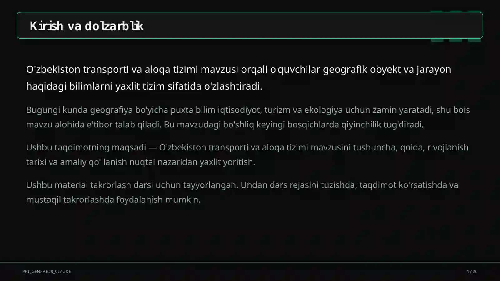 O'zbekiston transporti va aloqa tizimi (9-sinf) 4