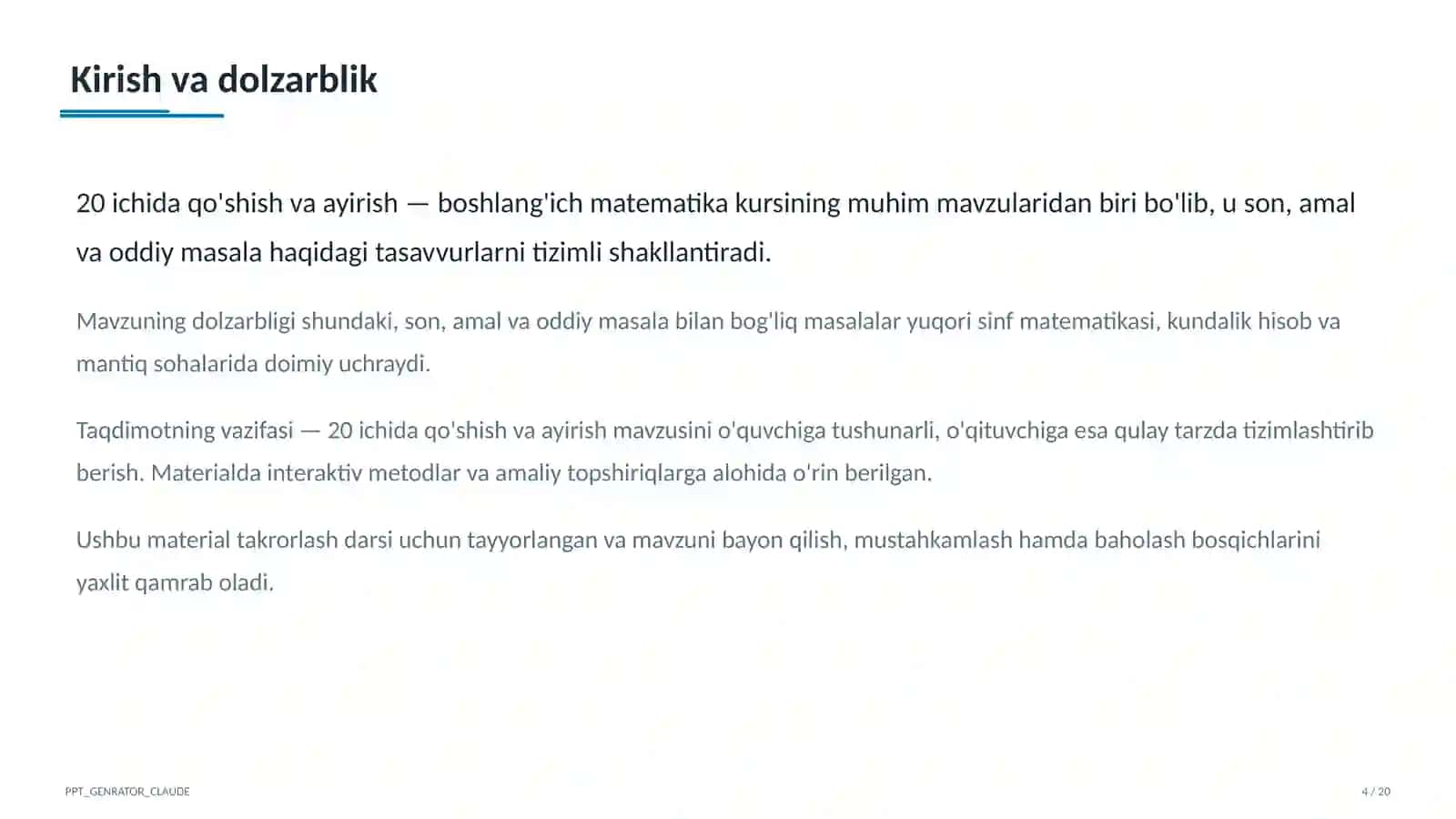 20 ichida qo'shish va ayirish (1-sinf) 4