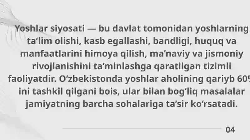 Oʻzbekistonda yoshlar siyosati va uning ahamiyati. Barkamol avlodni tarbiyalashning asosiy yoʻnalishlari 4