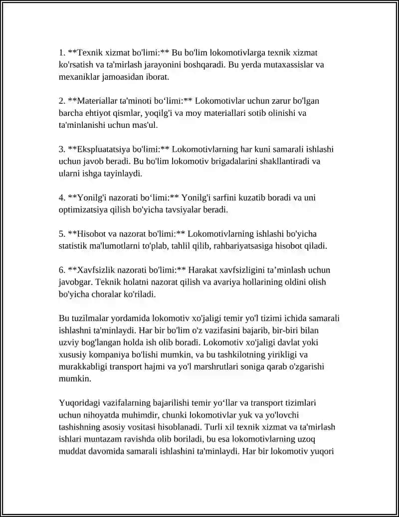 LOKOMATIV XOJALIGI HAQQINDA ULIWMA MAGLIWMATLAR.LOKOMOTIVLARGA XIZMET KORSETIW HAM BASQARIWDI SHOLKEMLESTIRIW. 4