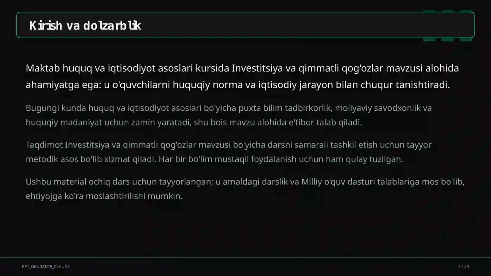 Huquq va iqtisodiyot asoslari (9– 11) — ochiq dars uchun 4