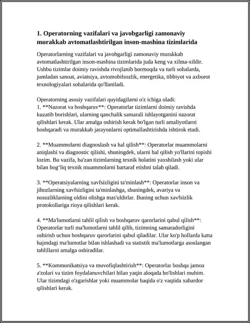 ZAMONAVIY MURAKKAB AVTOMATLASHTIRILGAN "INSON - MASHINA" TIZIMLARIDA OPERATOR ISHI 4