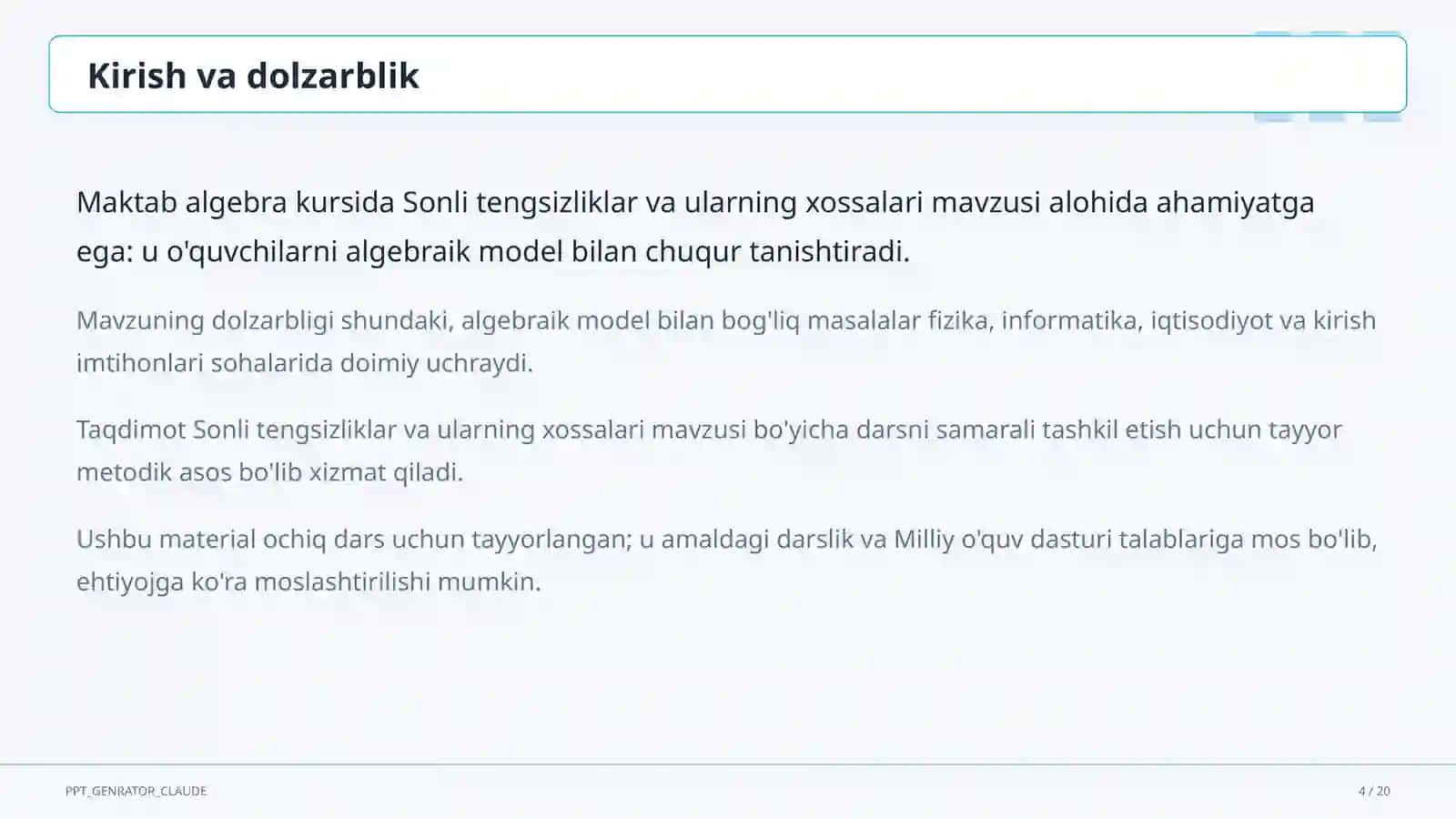 Sonli tengsizliklar va ularning xossalari (8-sinf) 4