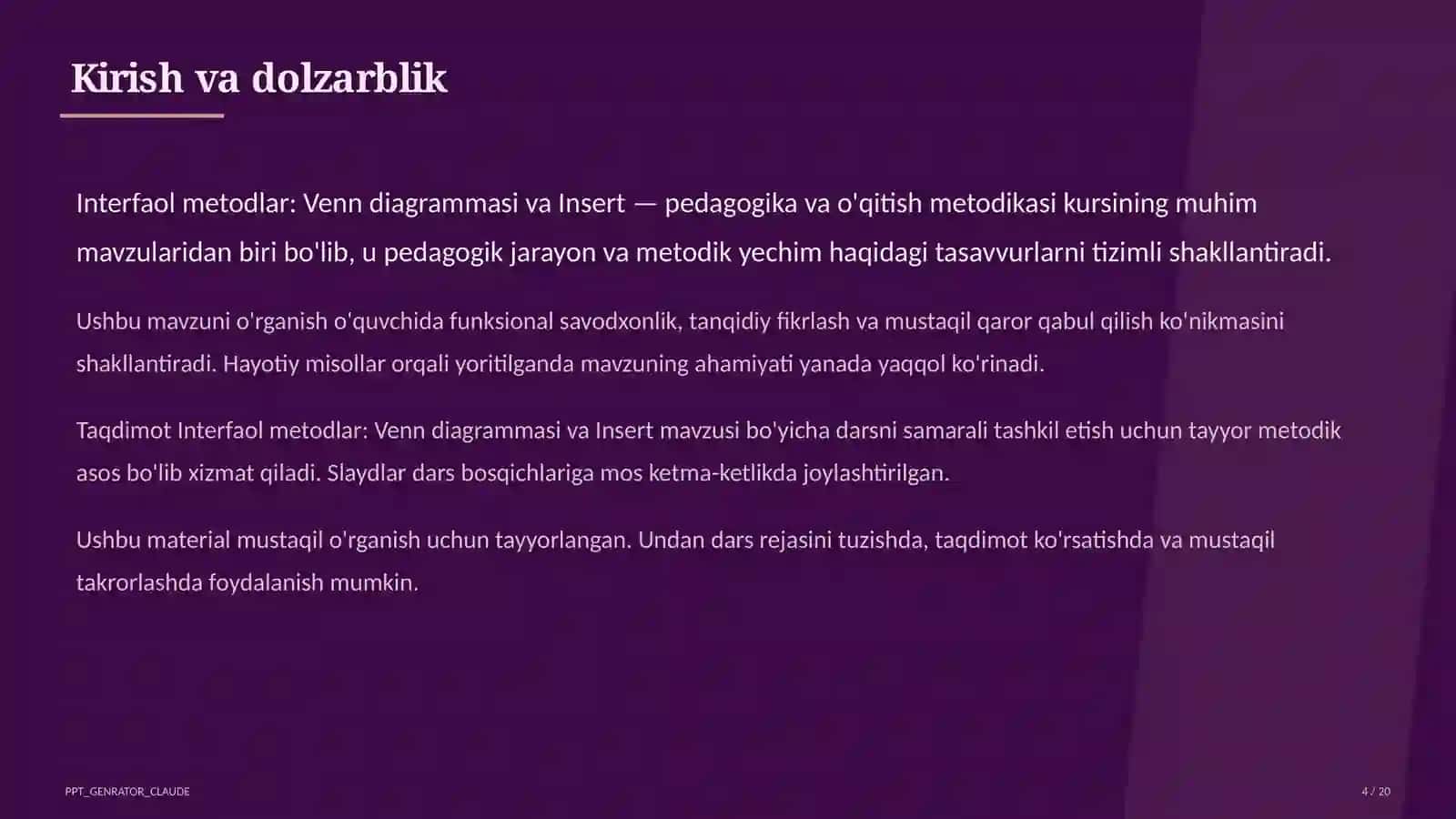 Interfaol metodlar: Venn diagrammasi va Insert 4