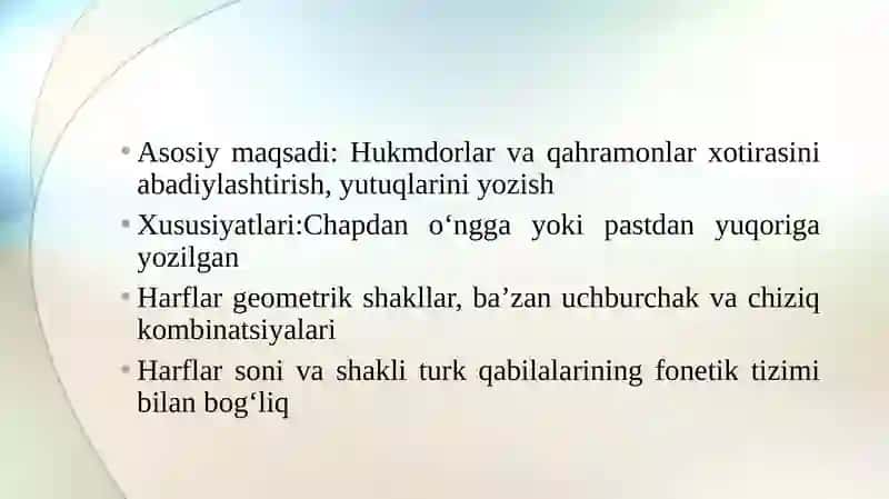 Oʻrxun-Enjoy yozuvi bitiktoshlarining har biri ustida  alohida-alohida maxsus kuzatish olib borish;matnning asli,transkripsiyasi,mazmunini muqoyasa qilish. 4
