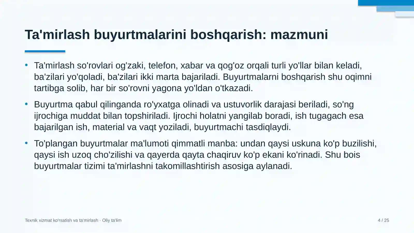 mineral o'g'itlar ishlab chiqarishda ta'mirlash ishlariga buyurtmalarni boshqarish 7433 4