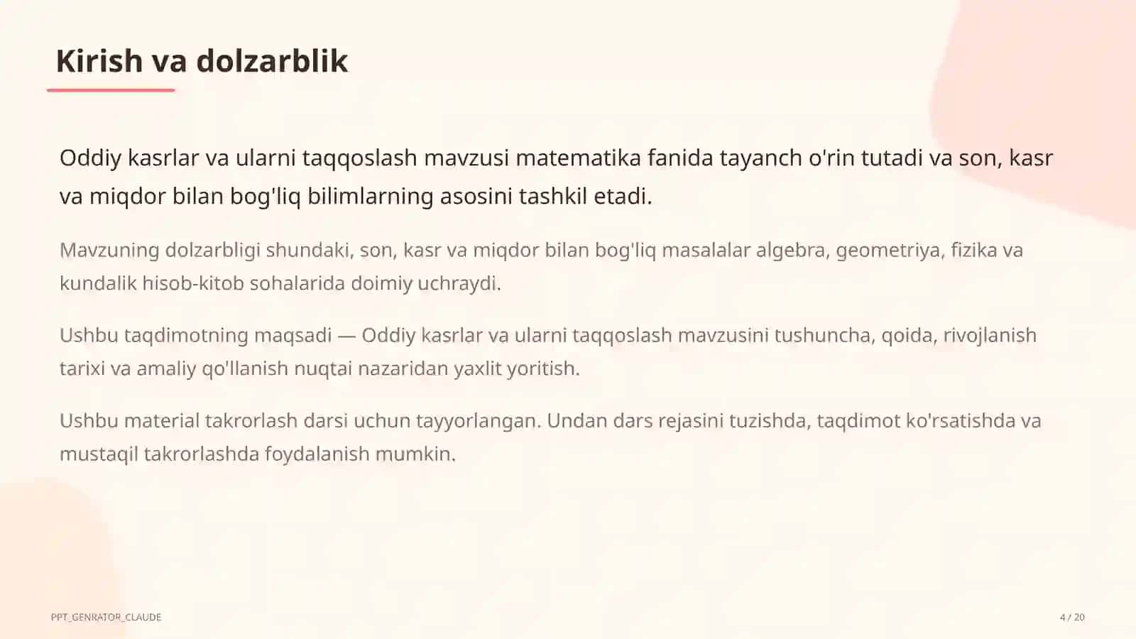Oddiy kasrlar va ularni taqqoslash (5-sinf) 4