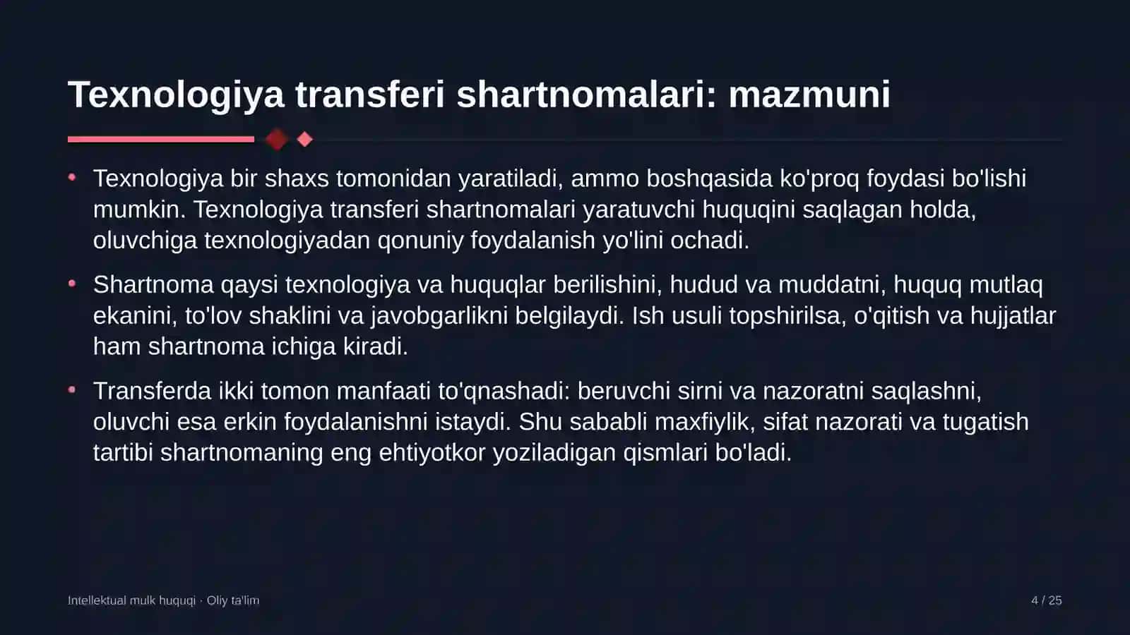 pillachilikda texnologiyalarni transfer qilish shartnomalari 7245 4
