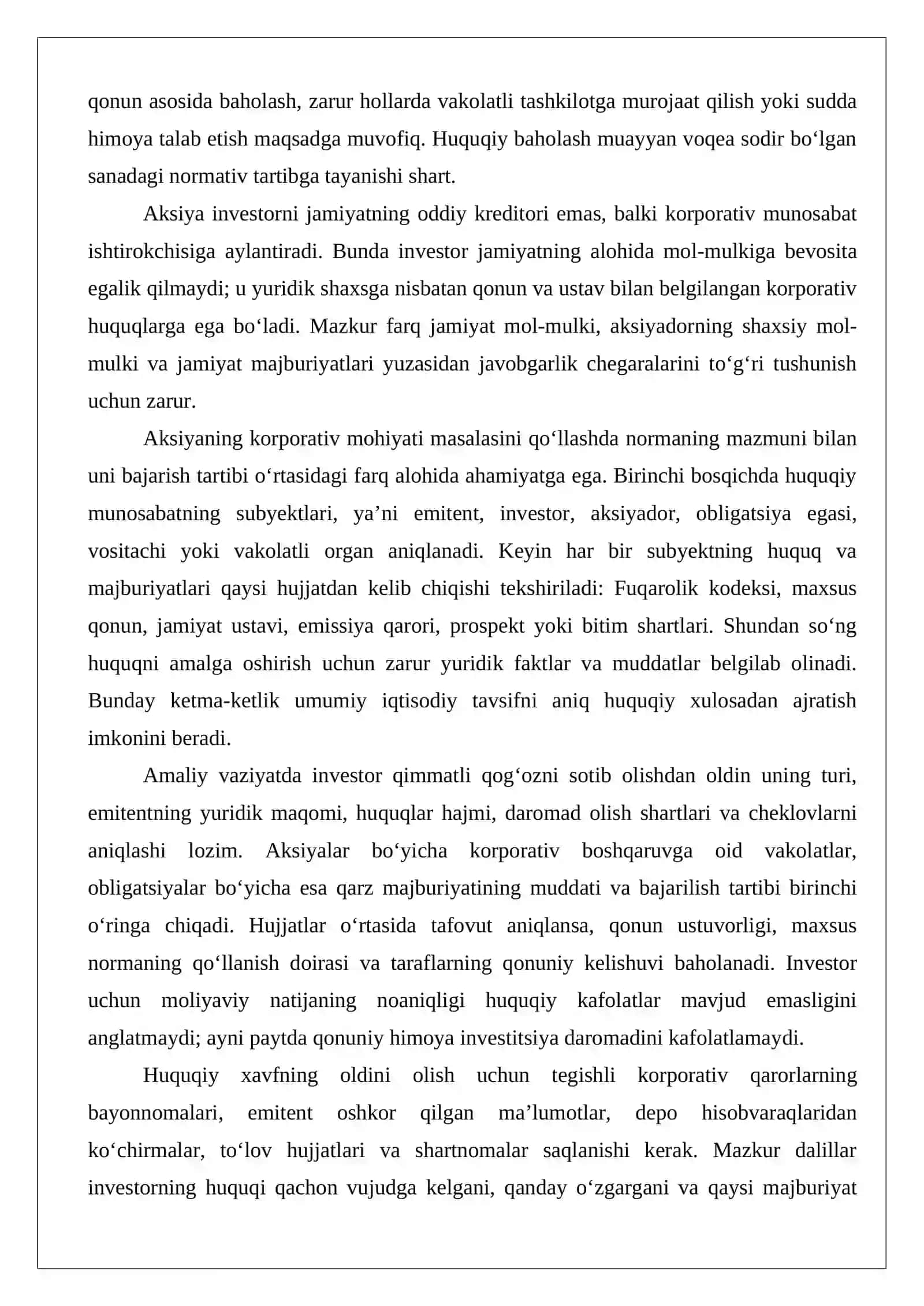 Aksiya va obligatsiyalarning huquqiy tabiati emissiya, joylashtirish, muomala va investorlar manfaatlarini himoya qilish. 4