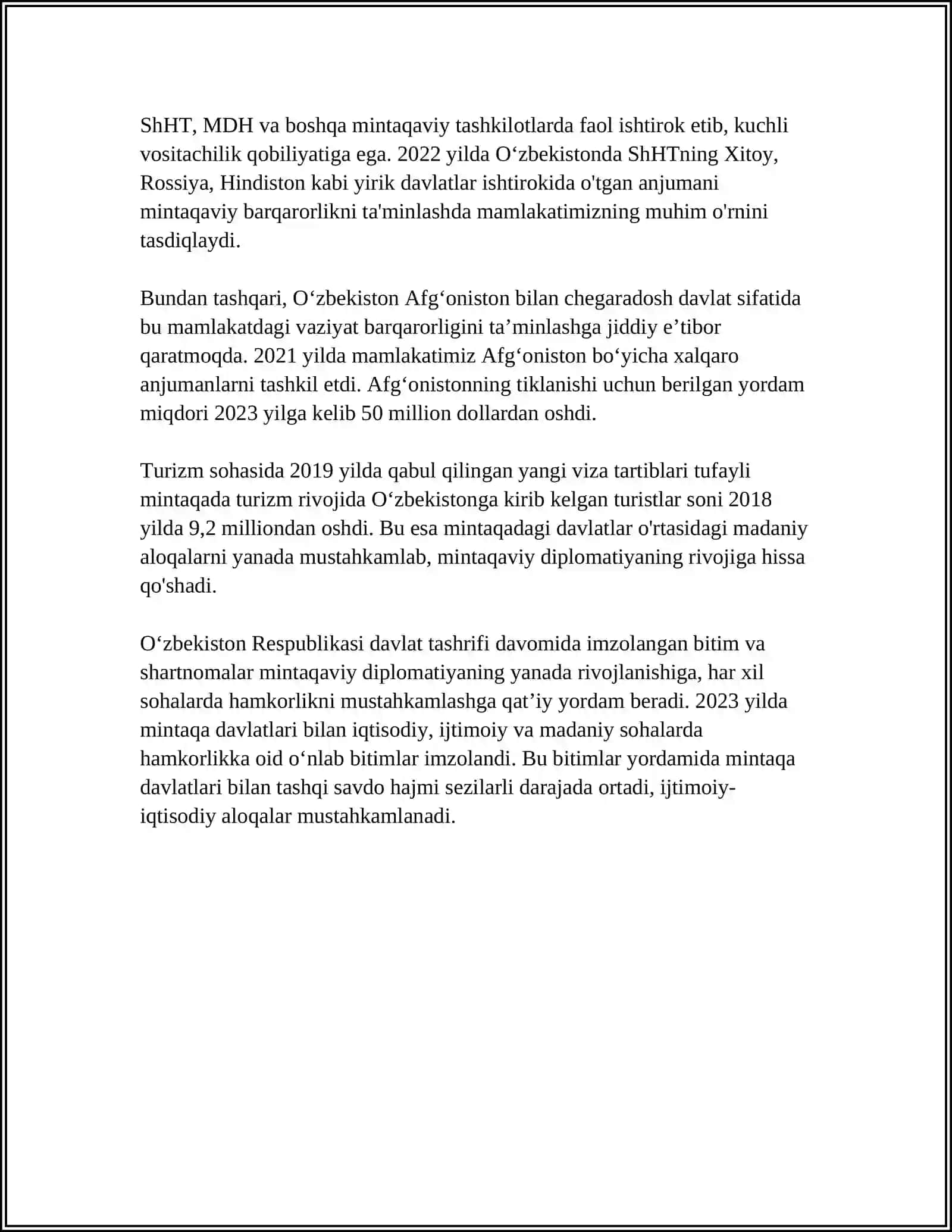OʻZBEKISTONNING MARKAZIY OSIYODA TINCHLIK VA BARQARORLIKNI TAʼMINLASHDAGI OʻRINI 4