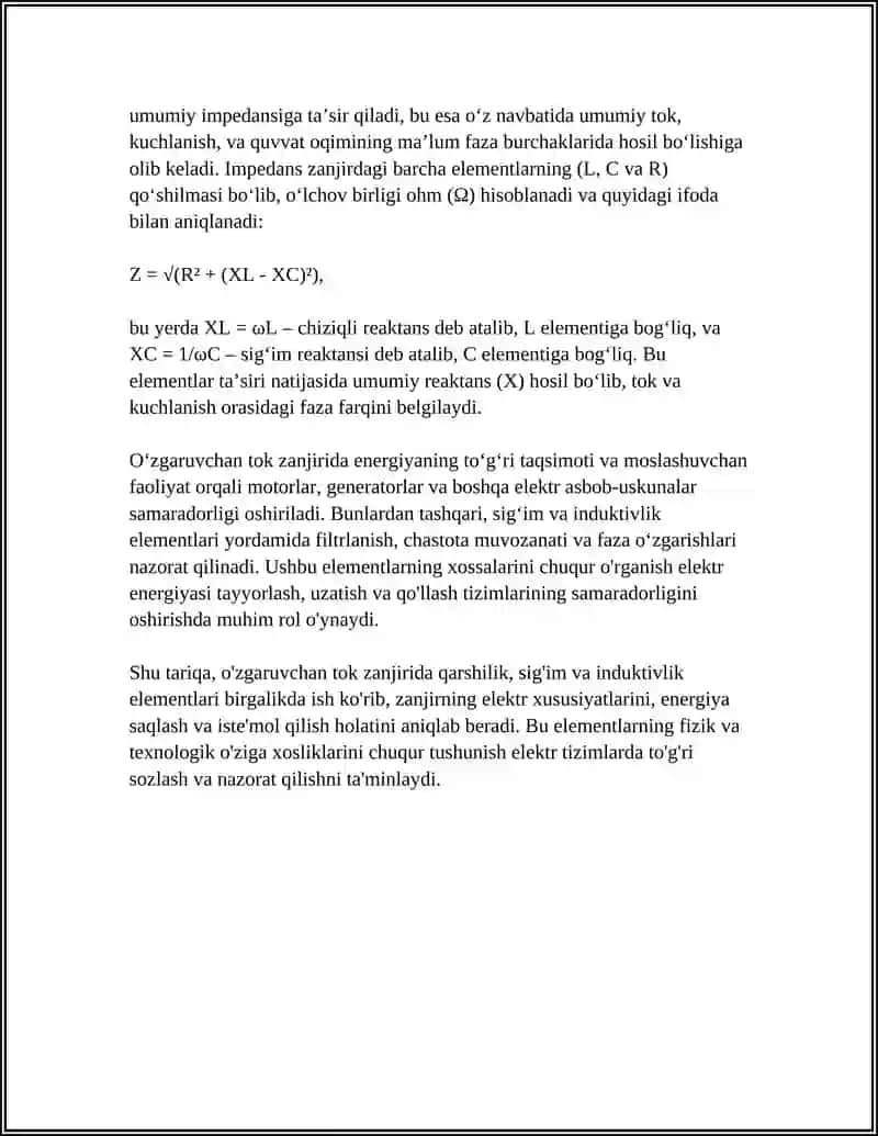 OʻZGARUVCHAN TOK ZANJIRIDA QARSHILIK SIGʻIM VA INDUKTIVLIK 4