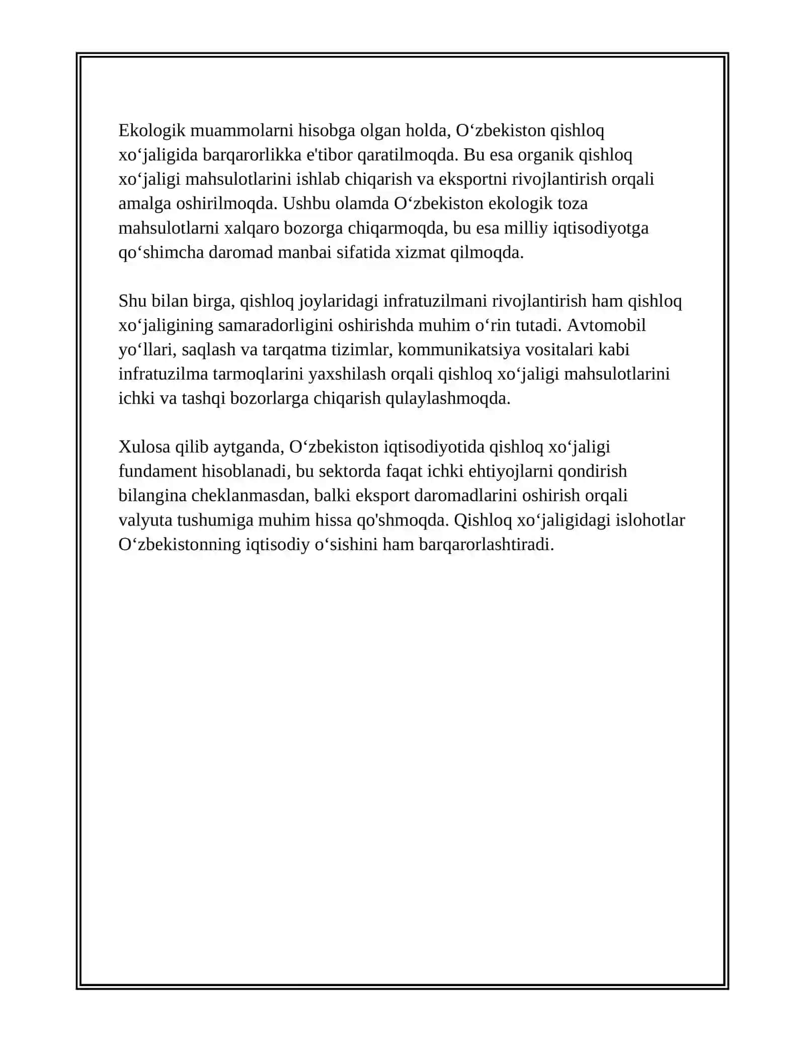 OʻZBEKISTON RESPUBLIKASI QISHLOQ XOʻJALIGI VA UNING IQTISODIYOTGA 4