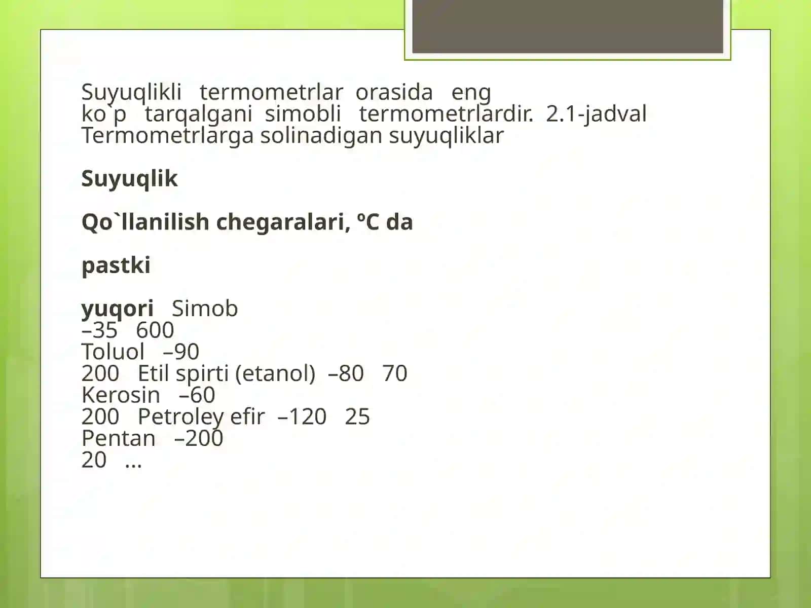 SUYUQLIK TERMOMETRLAR ULARNING ISHLASH PRINSIPI, SEZGIRLIGI, TUZILISHI VA QOLLANISH DOIRASI 4