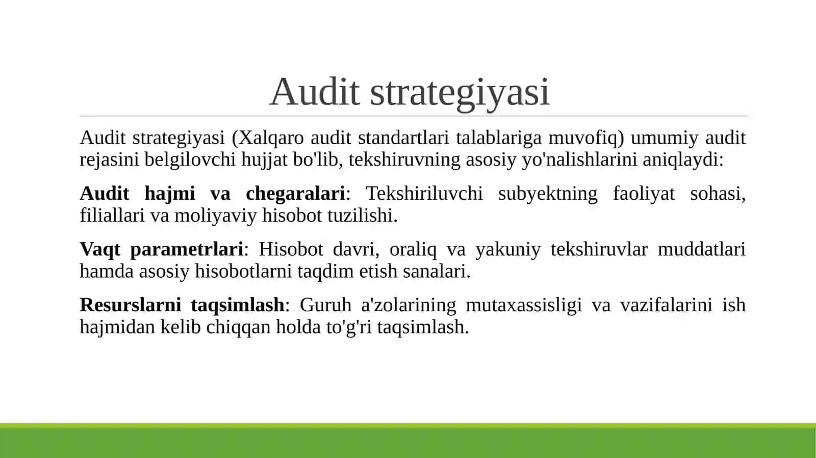 Audit tekshiruvining tashkiliy asoslari audit strategiyasi va texnologiyasi. 4