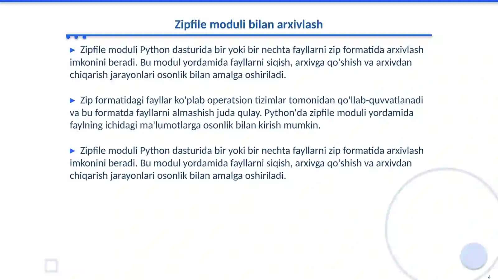 Pythonda gzip, olib, zipfile modullari bilan ishlash 4