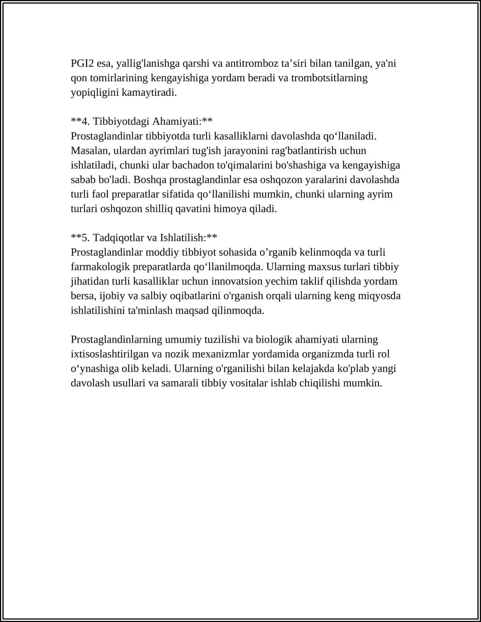 PROSTAGLANDINLAR VA BOSHQA EYKANOZOIDLAR, BIOKIMYOVIY TA'SIR MEXANIZMLARI 4