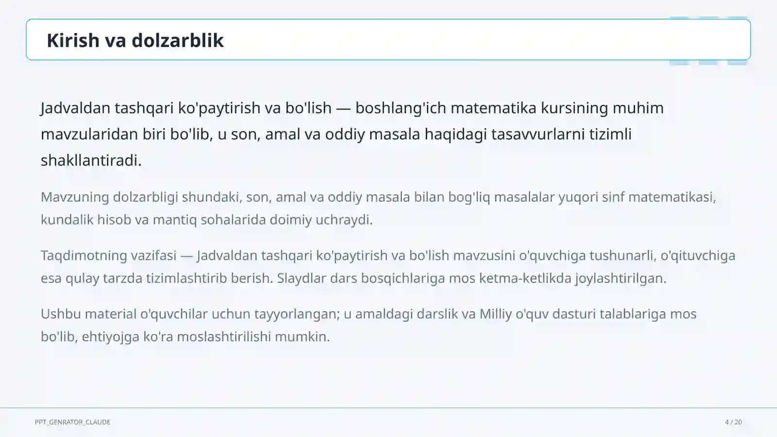 Jadvaldan tashqari ko'paytirish va bo'lish (3-sinf) 4