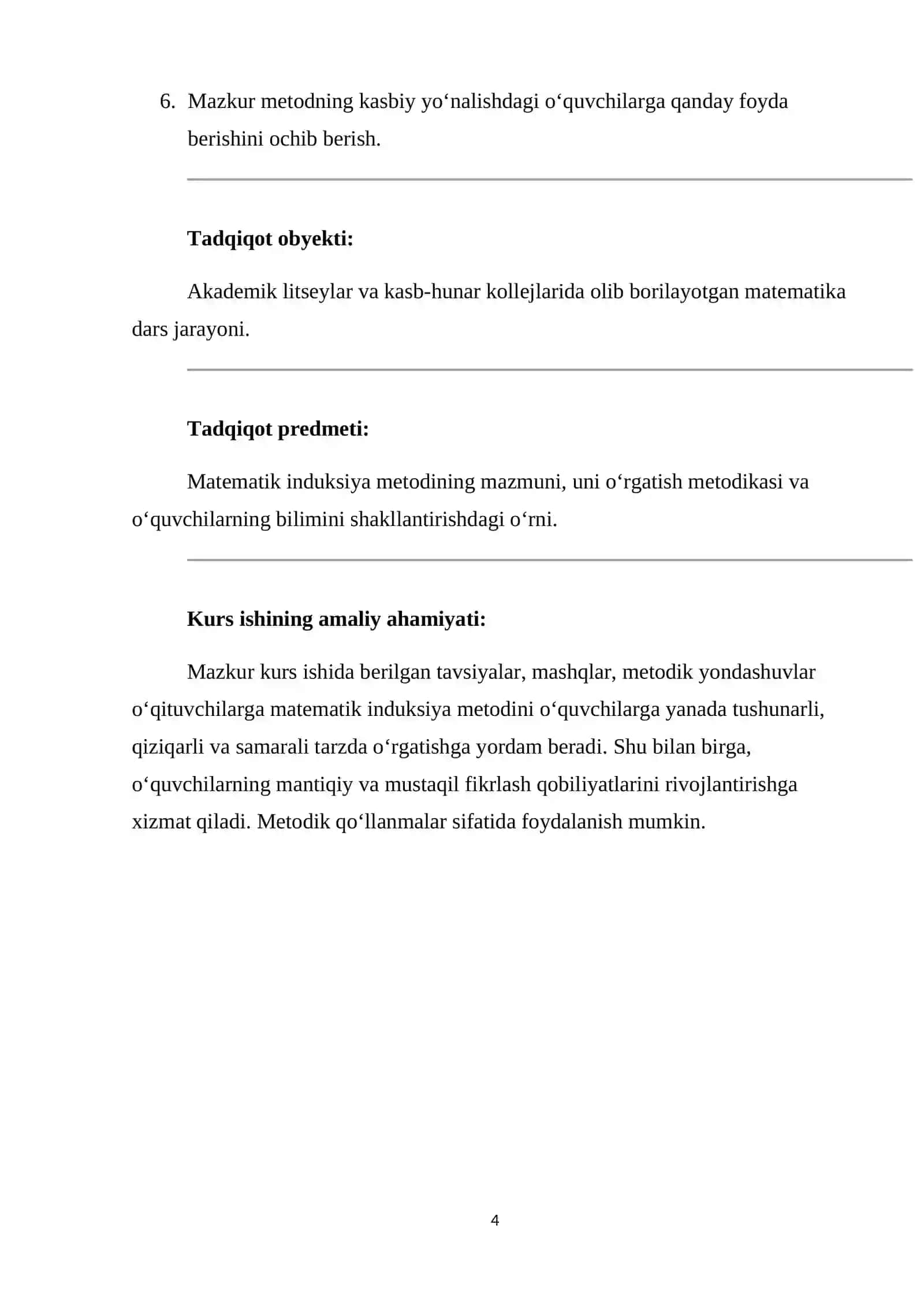 "Akademik litseylar va kasb-hunar kollejlarida Matematik induksiya metodi va uning tadbiqlari mavzusini o'qitish metodikasi" 4