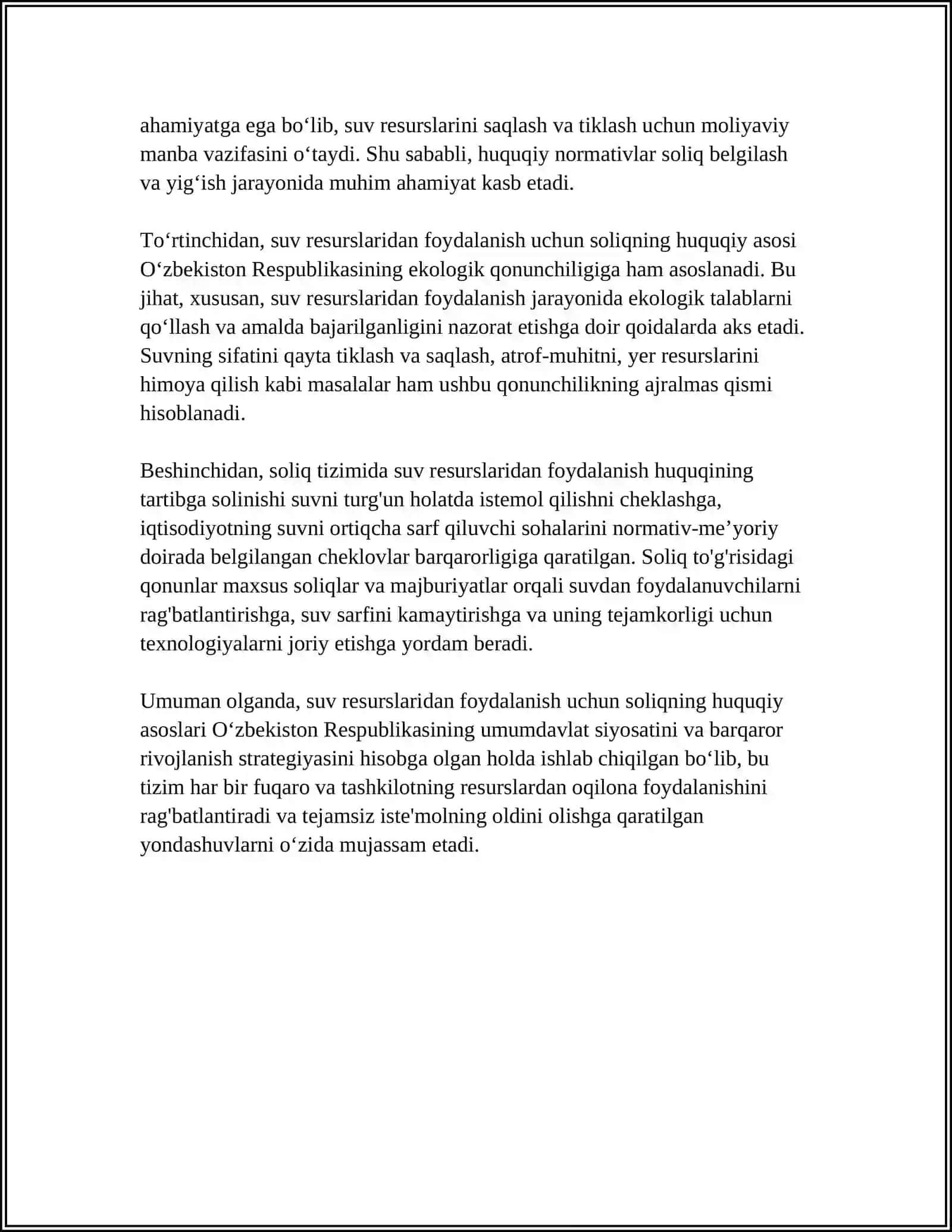 SUV RESURSLARIDAN FOYDALANGANLIK UCHUN SOLIQ 4