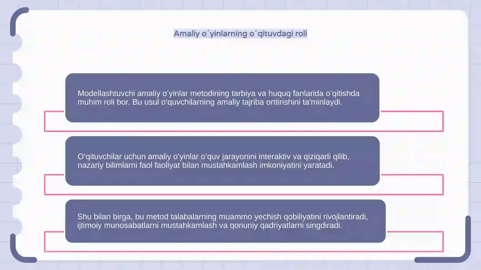 Tarbiya va huquq fanlarini oʻqitishda modellashtiruvchi amaliy oʻyinlar metodi 4