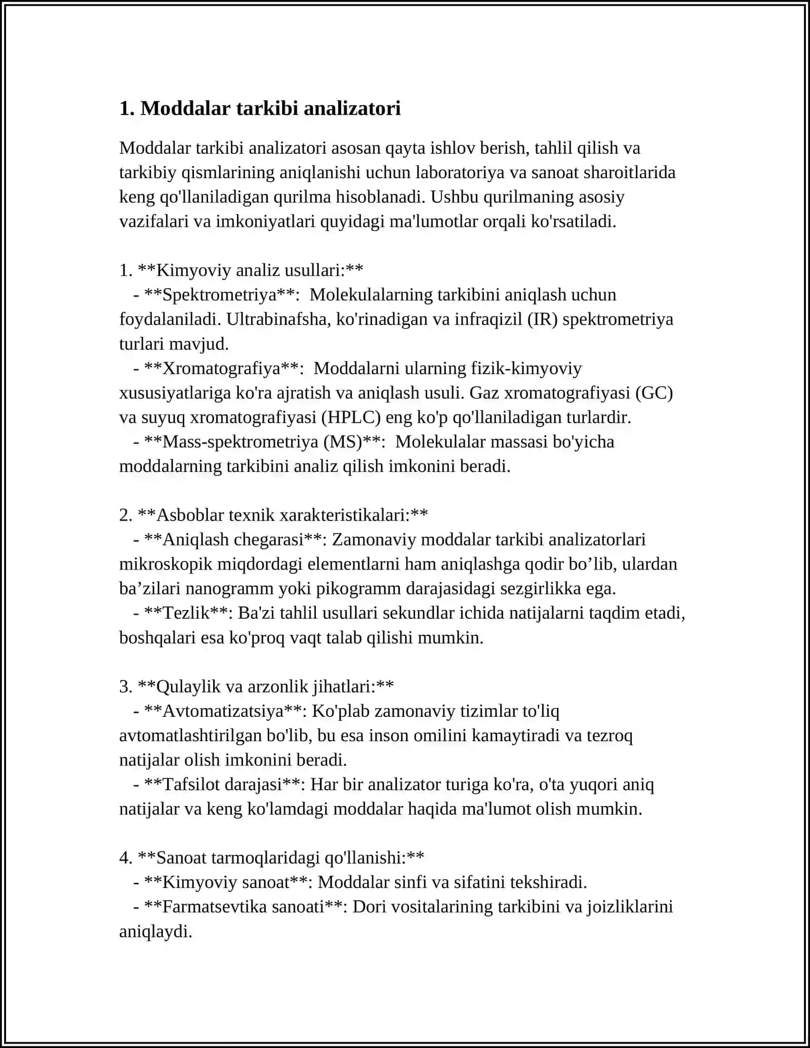 MODDALAR TARKIBI VA XOSSA ANALIZATORLARI. GAZ ANALIZATORLARI (TERMOMAGNIT, TERMOKONDUKTOMETRIK, TERMOKIMYOVIY, ELEKTROKIMYOVIY, OPTIK YUTILISH, OLOVNI IONLASH). XROMATOGRAFLAR. NAMLIK O'LCHAGICHLAR 4