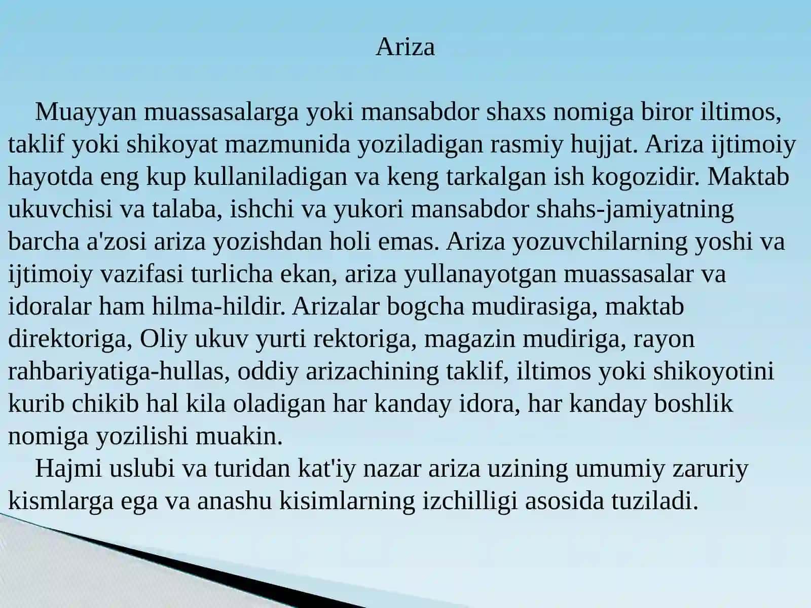 Ish hujjatlari namunalarini yaratish (ariza, bildirgi, tarjimayi hol). 4