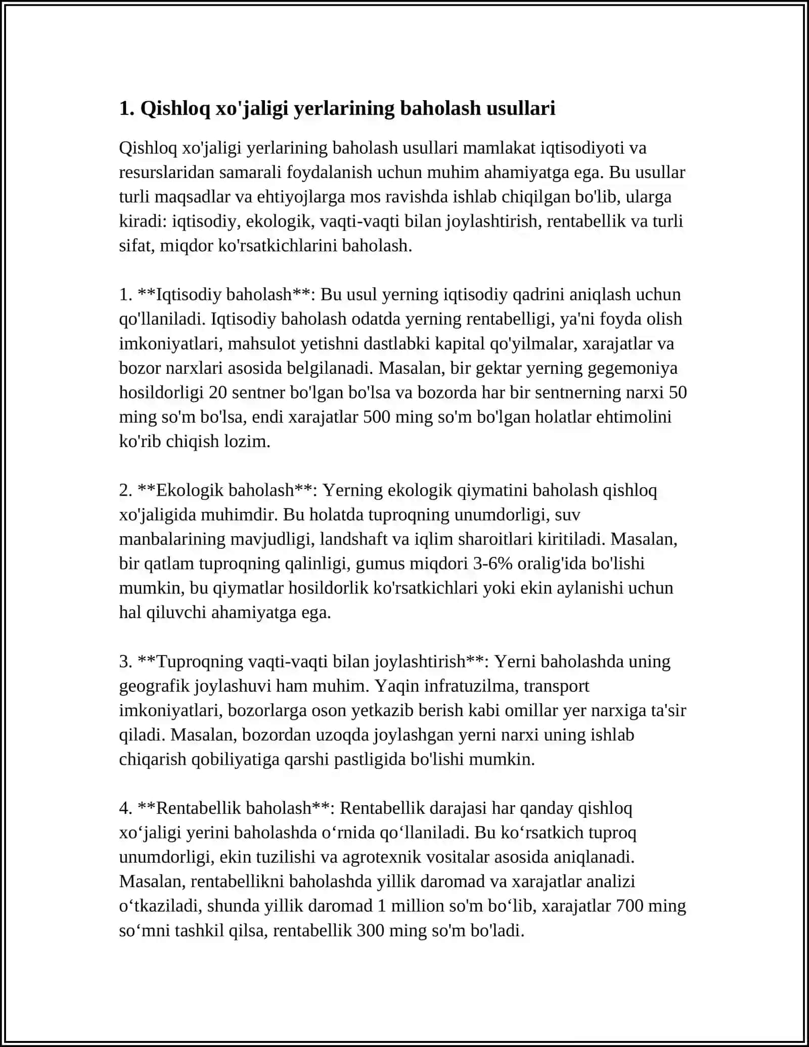 QISHLOQ XOJALIGI YERLARINI BAHOLASHNING UMUMIY MAZMUNI VA UNING QISHLOQ XOJALIGI MASALALARINI IJOBIY HAL ETISHDAGI AHAMIYATI 4