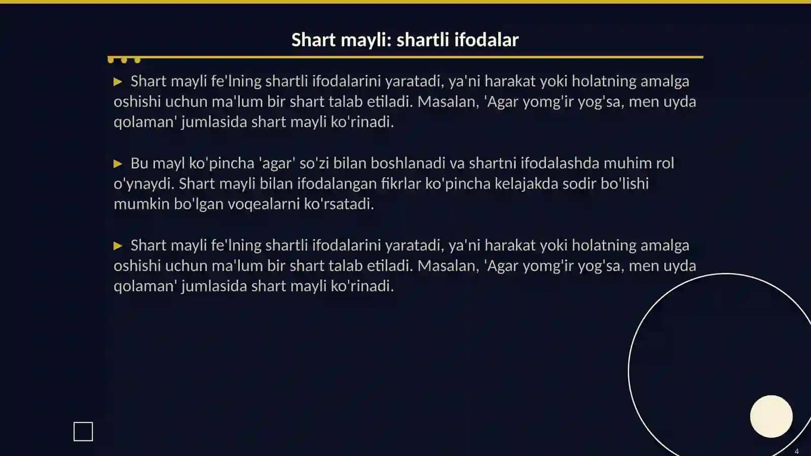 Fe'l mayillari (ijro mayli,shart mayli va buyruq istak mayli ) ularning oʻziga xos xususiyatlari. Toʻliqsiz fe'l 4
