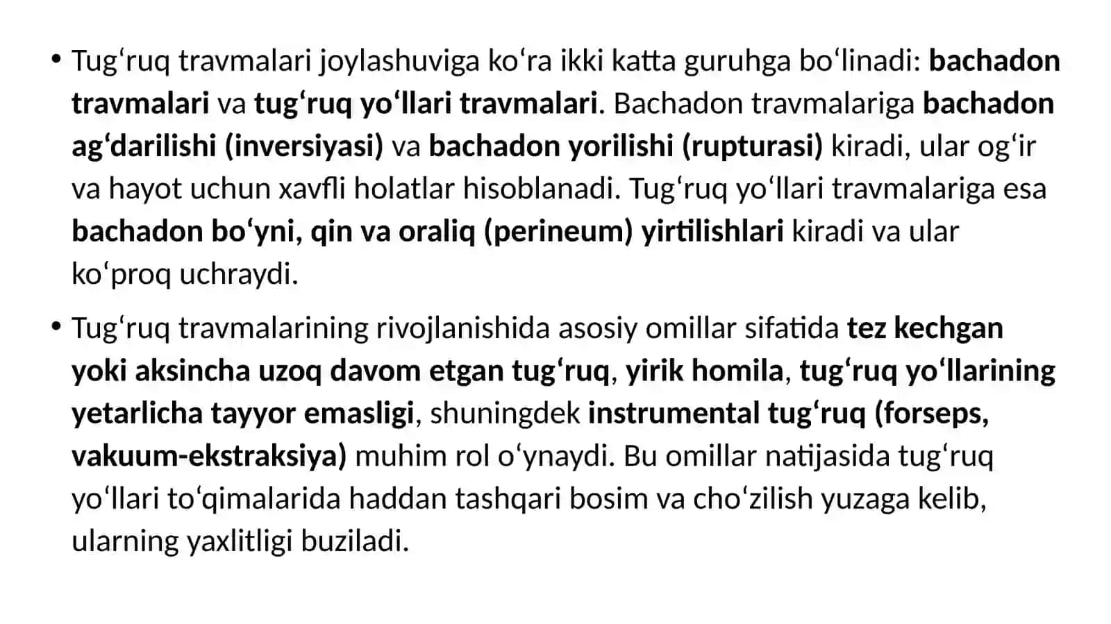 Tug‘ruqdaonalartravmasi:bachadonag‘darilishi(inversiouteri),bachadonyorilishi(rupturauteri),bachadonbo‘shlig‘iniqo‘lbilantekshirish,bachadonbo‘yni,qinvaoraliqyirtilishlarihamdatug‘ruqvatug‘ruqdankeyingidavrdaqonketishvaunito‘xtatishusullari 4