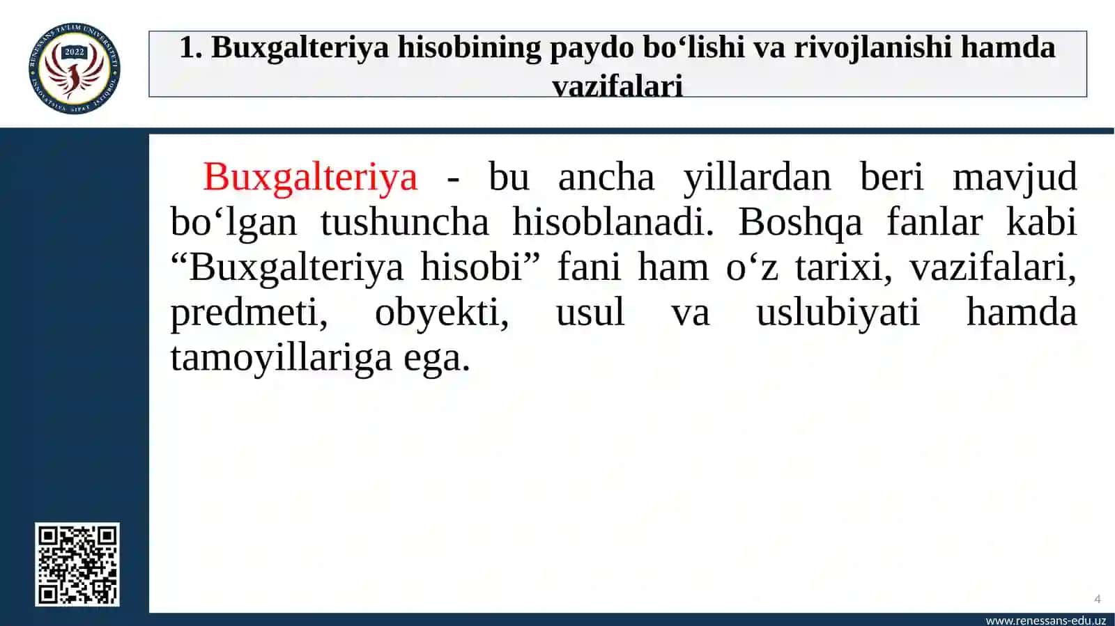 “Buxgalteriya hisobiga kirish” fanining predmeti va metodi. Buxgalterlik kasbining tarixiy rivojlanishi. Buxgalter kasbiga qo‘yiladigan talablar 4