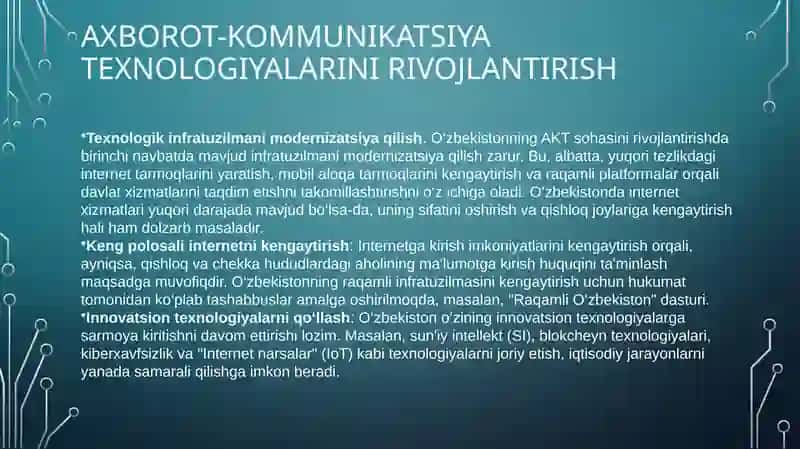 O‘zbekistonda Axborot Kommunikatsiya sohasini rivojlantirishning asosiyyo‘nalishlari 4