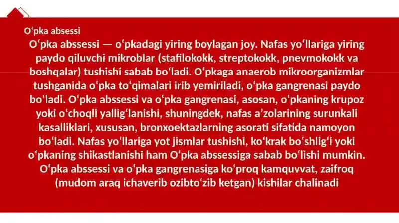 Oʻpkaning yiringlik asalliklari (absess, gangrena) 4
