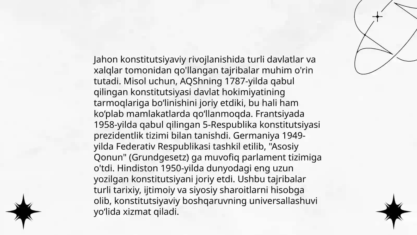 Konstitutsiyada jahon konstitutsiyaviy rivojlanish tajribalari hamda milliy qadriyatlarning aks etishi 4